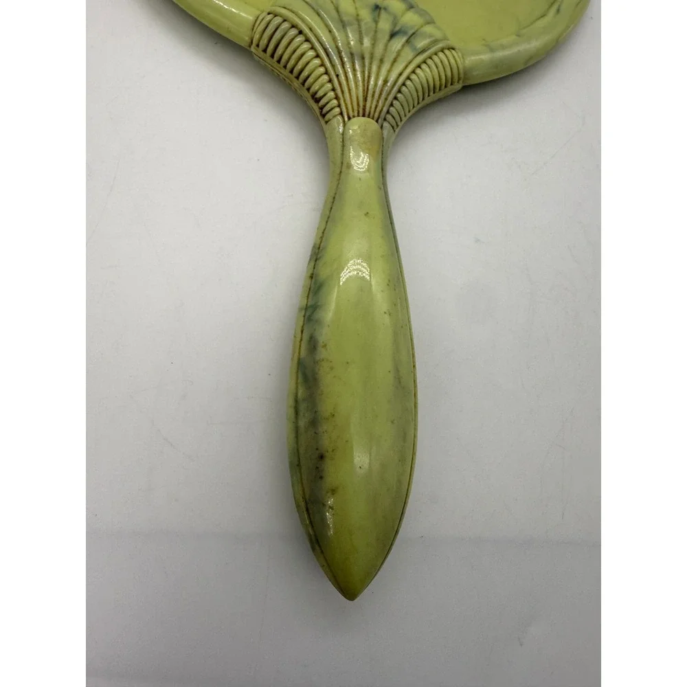 Vintage Art Deco Style Marbled Lime Green Shell Hand Mirror Vanity Accessory